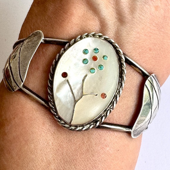 Native American Navajo Indian turquoise jewelry Jewelry - VTG Zuni Inlay Flower Cuff Bracelet 6.5in Turquoise Sterling Native American